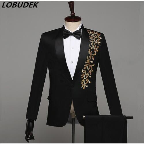 Fashion Embroidery Black White Red Blue Male Suits Host Prom Formal Stage Costume Mens Singer Chorus Party performance clothes