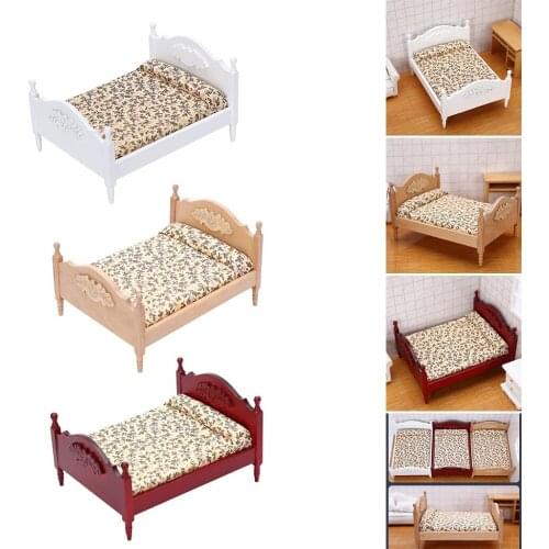 Handmade Miniature Wooden Upholstered Double Bed Home Bedroom Accessory Furniture Set 1:12 Scale Doll House Ornaments