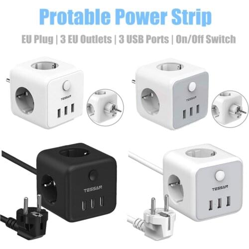 TESSAN Protable Power Strip With 3 EU Outlets 3 USB Ports On/Off Swtich Type E/F/C Plug Socket Travel Adapter Power Charger