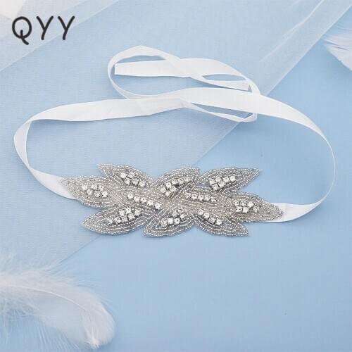 QYY Korean Crystal Pearl Ribbon Headband Noble Crystal Satin Ribbon Wedding Hair Accessories for Brides