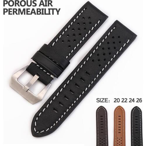 High Quality New Cowhide Slub Grain Black Watchbands Genuine Leather Strap Watch Band 20mm 22mm 24mm 26mm Ventilation Bracelet
