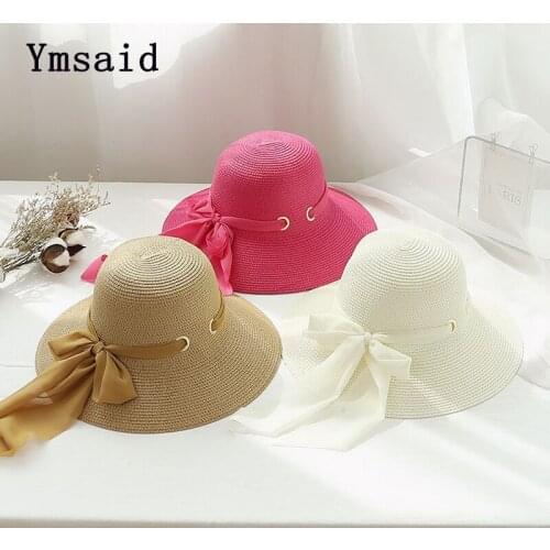2021 Summer Womens Big Bow Sun Hat Ribbon Style Vintage Design Wide side Straw Hat Solid Color Anti-UV Holiday Beach Hat