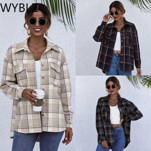 WYBLZ Spring Lattice Shirt Female Tops Long Sleeve Casual Turn-down Collar Women Loose Harajuku Cardigan Single Breasted Blouse