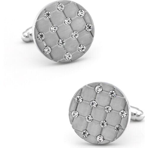 New Simple Mens French Cufflinks Business Banquet Dating Jewelry Gifts Round Brushed with Rhinestones Cuff Links
