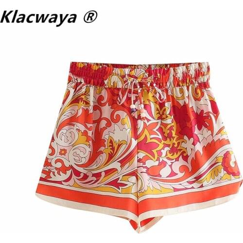 Klacwaya Women 2021 Vintage Totem Floral Print Hot Bermuda Shorts Female Chic Lace Up Elastic Waist Summer Pantalones Cortos