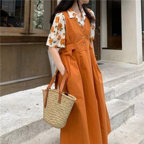 Women Summer Vintage V-Neck Strap High Waist A-Line Skirt Sundress Floral Print Top