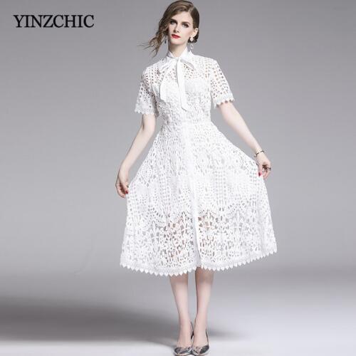 Summer New Woman Lace Dress Solid White Vintage A-line Mid Dress Woman Short Sleeve Hollow-out Lace Dresses Casual for Lady