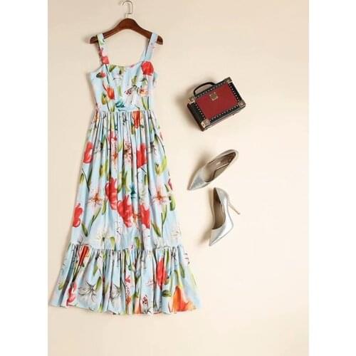 Womens European and American dress 2021 summer new styles Condole belt Blue flower printing Fashionable pleated dress