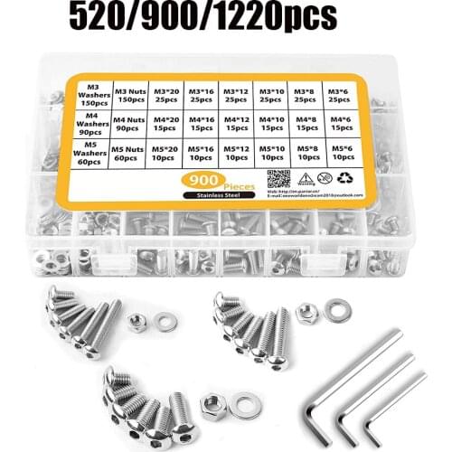 500/900/1200PCS Screws Bolts Nuts Washers Hardware Assortment Kit,M3/M4/M5/M6 Hex Button Socket Head Cap Screws Assortment Set