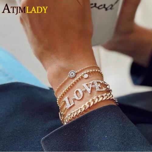 2021 Valentines Day Gift Fashion Jewelry LOVE Letter Charm Iced Out Bling CZ 15+4cm Double Safety Pin Link Chain Women Bracelet