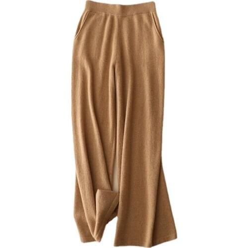 Pure 100% Pure Cashmere Pants Winter Autumn Loose Hight Waist Luxury Brand Women Warm Soft Knitted Trousers Fashion Wide-leg pa