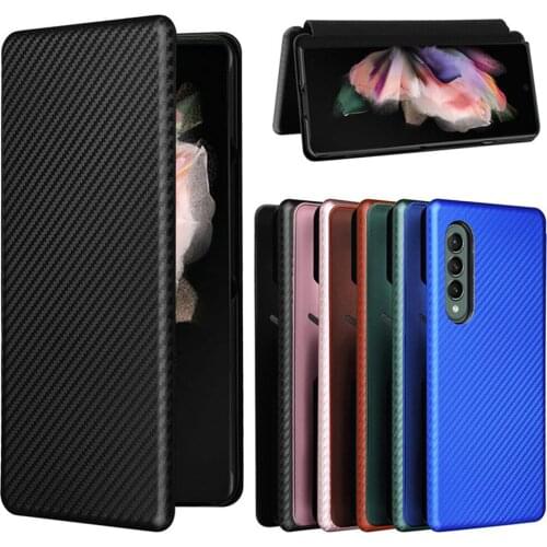 Phone Case Carbon Fiber Leather Shell Magnetic Buckle Card Flip Phone Cover for Samsung Galaxy Z Fold 3 Phone Accessories