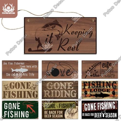 Putuo Decor Fishing Signs Decorative Plaques Wooden Plaques Signs for Living Home Door Decor Lake House Decoration Fish Finder