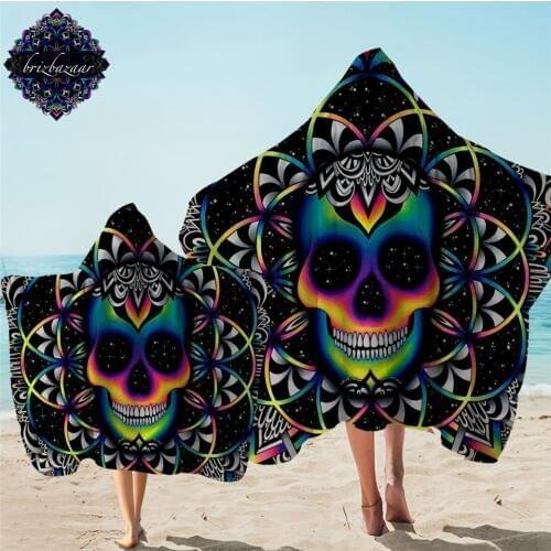 Chaos By Brizbazaar Hooded Towel Colorful Skull Bath Towel With Hood for Adults Mandala Gothic Microfiber Wearable Beach toalla