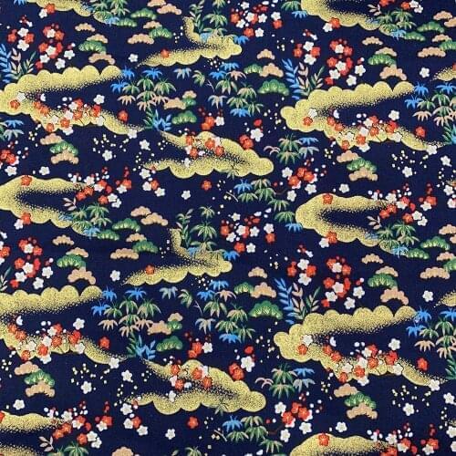 Navy Blue Red Cotton Bronze Flowers Japanese Fabric For Sewing Cheongsam Kimono Dolls & Bags Needlework DIY Patchwork Cloth