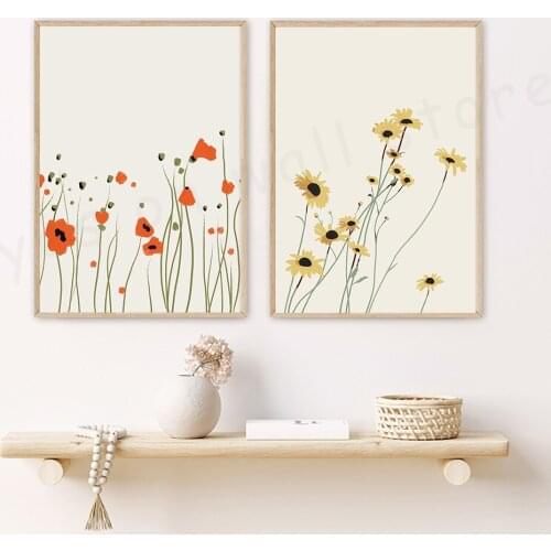 Red Flower and Yellow Sunflower Art Prints Nordic| Style Canvas Paining on The Wall for Home Decor Modern Art Posters
