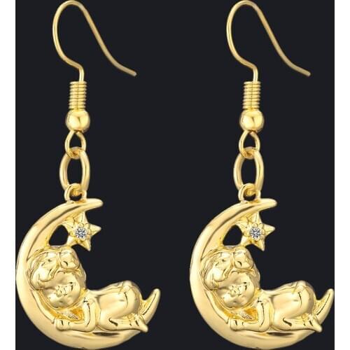 Personality Gold Plated Moon Baby Dangle Earrings Fashion Funny Long Earrings for Women Mens Hip Hop Jewelry Party Gifts