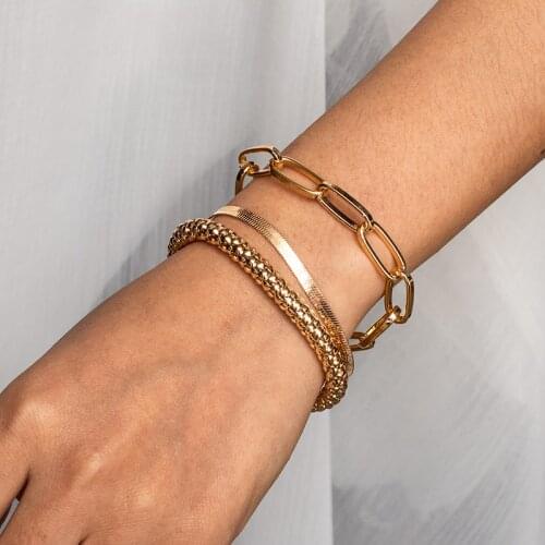 LOVR 3 Piece Set Vintage Stainless Chain Bracelets Punk Chain Women Men Bracelets Couple Bracelet Gold Colour Trend Jewelry Gift