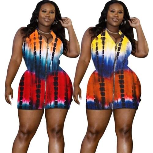 L-4XL Plus Size women clothing summer 2021 fashon casual tie dye printing zip sleeveless sexy dresses Wholesale Dropshipping