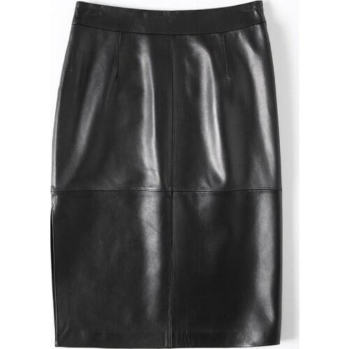 Genuine Leather Midi Skirt Black Skirts Womens Spring Autumn Real Sheepskin Skirt Elegant Office Ladies Wear 2020 LWL1596