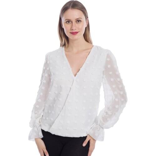 Fashion Women Deep V Neck Top Elegant Jacquard Shirt Female Long Sleeve Chic Shirt Sexy Polka Dot Solid Color Mesh Blouses