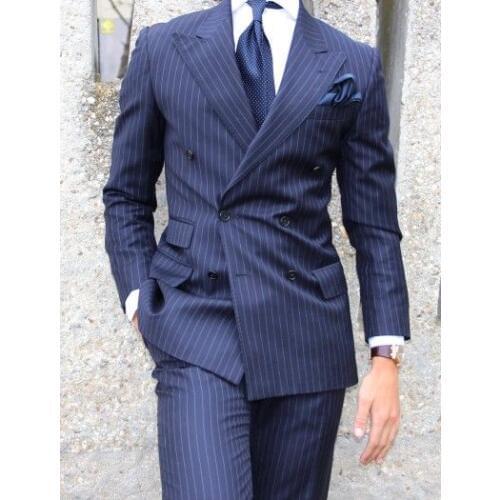 Latest Coat Pant Designs Blue Stripes Men Suit Slim Fit 2 Piece Tuxedo Custom Groom Blazer Double Breasted Suits Terno Masculino