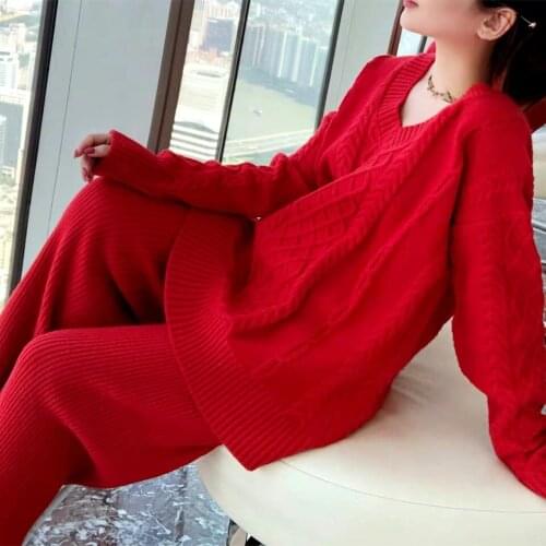 New year Fashion temperament red loose sweater set V neck Long Sleeve Knitted pullover tops High waist wide-leg pants Female