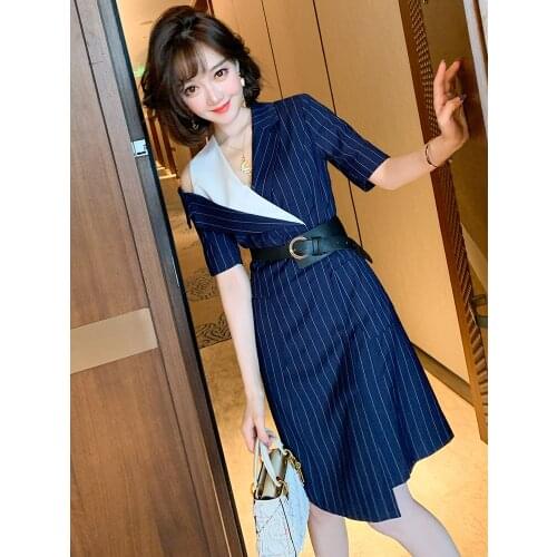 Top Quality OL style Contrast off shoulder belt striped dress new for summer