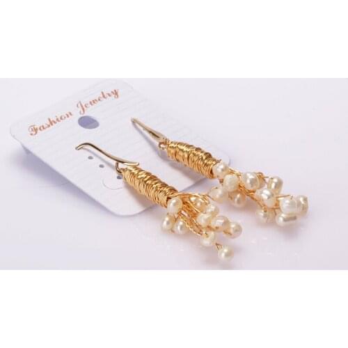 Handmade gold wire-wrapped grape vine tree shape white real natural freshwater pearl charm dangle earring for woman daily jewels