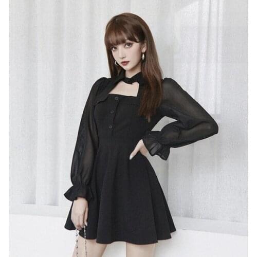 Ruibbit New Arrival Spring Autumn Punk Gothic Black Dress Thin Fashion Long Sleeve Female Sexy Slim Part Dresses