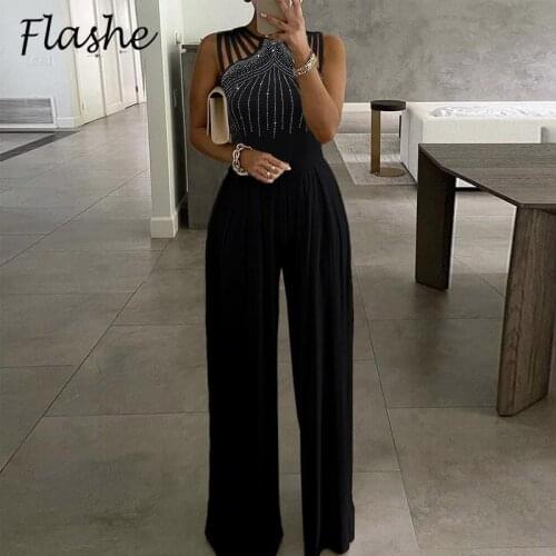 Sexy Jumpsuit Women Casual Sleeveless Diamond Design Wide-leg Women Jumpsuits High Waist Hollow Out Office Lady Long Jumpsuit