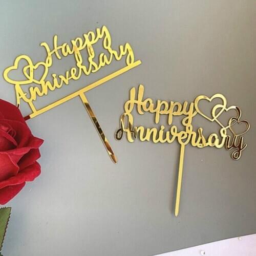 10pcs Acrylic Happy Anniversary Cake Toppers Gold Cake Topper Wedding Party Favors Cake Decorations Anniversary Cup Cake Topper
