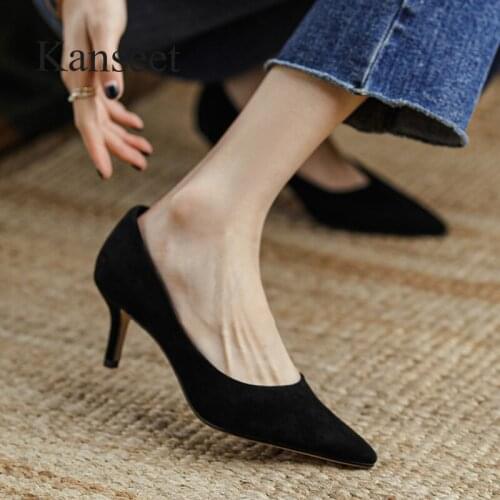 Kanseet Office Lady Thin Heels Shoes 2021 Spring Summer Genuine Leather Concise Daily Black Shallow High Heels Shoes Woman Pumps