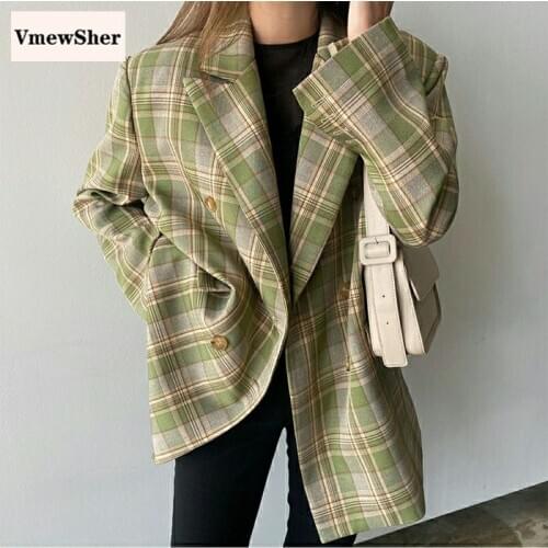 VmewSher Vintage Loose Women Plaid Blazer Spring New Chic Double Breasted Female Long Sleeve Suit Jackets Stylish Ladies Blazer