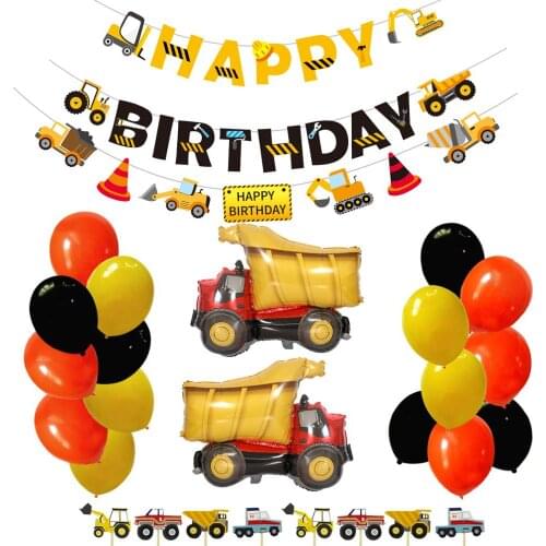 Construction truck party theme decoration Engineering truck birthday flag banner Aluminum foil balloon birthday cake insert card