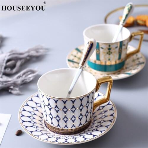 High Grade Gilt Geometric Pattern Coffee Cup Saucer Set Lovers Gift Morning Mug Milk Coffee Tea Breakfast Porcelain Bone Cup