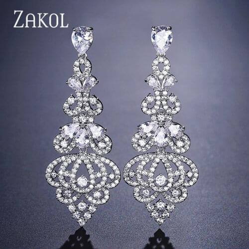 ZAKOL Vintage Zirconia Crystal Chandelier Dangle Earrings For Women Luxury Leaf Bridal Evening Dinner Wedding Jewelry FSEP2220