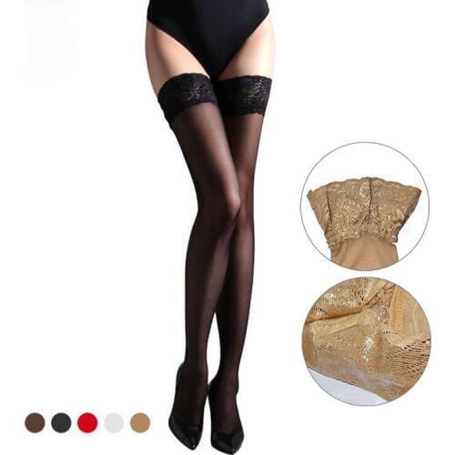 2017 Women Sexy Stockings Over Knee Lace Top Stay Up Calcetines Largos Sheer Thigh High Meia Coxa Non-Slip Black White Red CI364