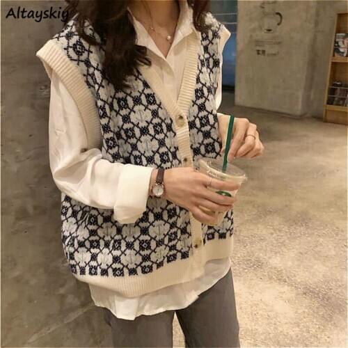 Waistcoats Women Vintage Newest Outwear Single Breasted Patchwork Simple Korean Fashion Ladies Knitwear All-match V-neck Spring