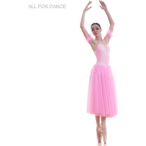 All For Dance New Pink Spandex Bodice Top With White Flowers Trim Girl&Women Ballet Dance Dress Romantic Ballerina Long Dress