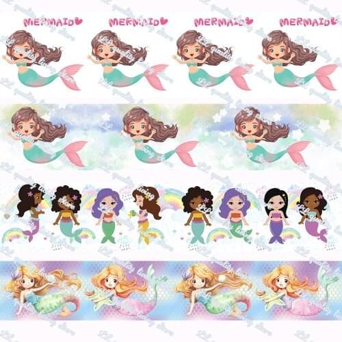 16-75MM Cartoon Mermaid Printed Grosgrain Ribbon 50 Yards/Roll Tape Clothing Bakery Gift Wrapping Accessory Hairbow Head