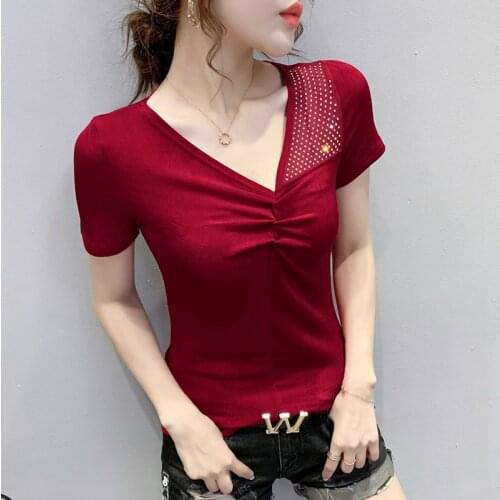 2021 Summer Hot drilling T-shirt V-neck Solid color Short-sleeved shirt Korean fashion Women Tops Blusa