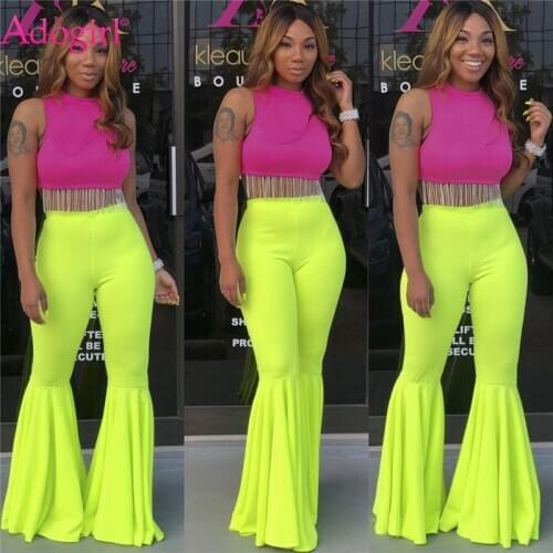 Adogirl 2020 Autumn Women Solid Flare Pants High Elastic Waist Tights Bell Bottom Fashion Casual Trousers Foot Cut Pants