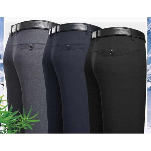 Mens Casual Pants Summer Thin Ice Silk Stretch Sweatpants Suit Pants Man High Waist Loose Dad Straight Business Trousers Black