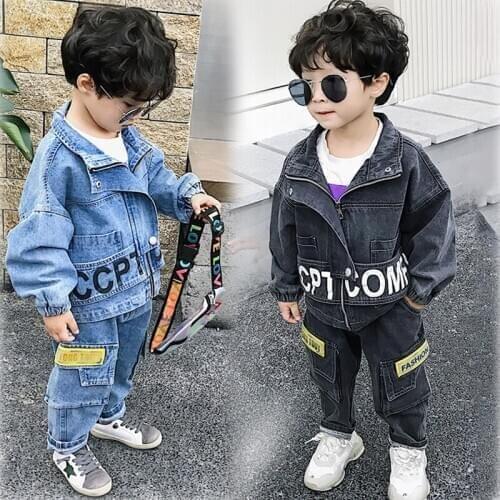 Denim Kids Clothing Set Fashion Casual Children Two Piece Suit Solid Blue Denim Jacket +Pants Boys Set Autumn Winter Tracksuit