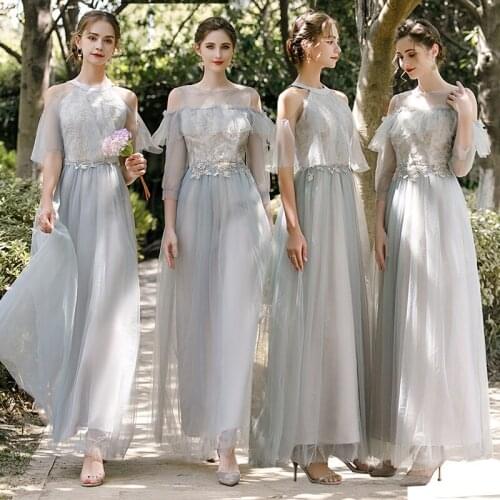 Ankle-Length Temperament Embroidery Bandage Champange Gray Green Net Yarn Elegant Summer Party Bridesmaid Dresses 9859