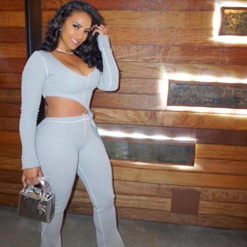 Gray sexy 2 piece set ladies full sleeve hollow out top and skinny long pants two piece set sexy club outfit DW5115