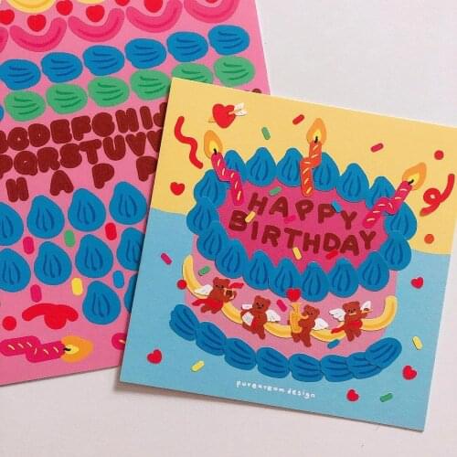 Korean cute bear birthday cake English alphabet hand account decoration sticker birthday card card diy gift