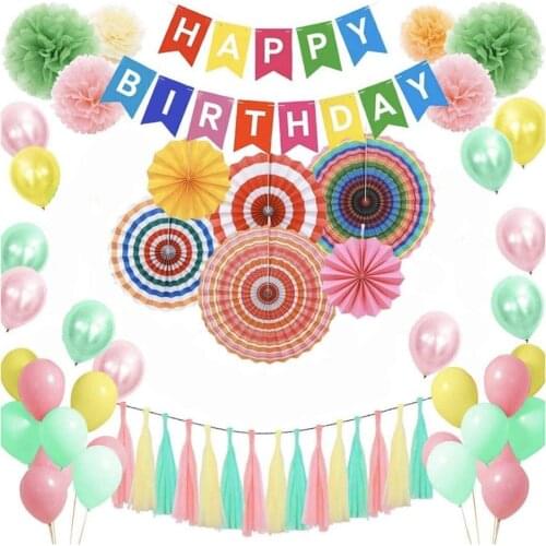 Colorful Birthday Decorations Party Supplies with Happy Birthday Banner Paper Fan Garland Tassel Pom Poms Flowers Latex Ballons