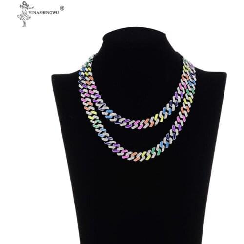 Iced Out Cuban Necklace Chain For Women Crystal Chain Neon Colorful Bracelet Enamel Choker Necklace Rainbow CZ Bracelet Jewelry